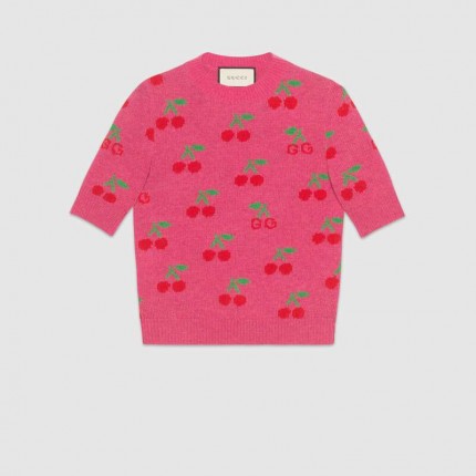 Gucci gg cherry jacquard wool knit top 583466