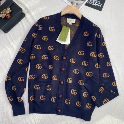 645291 Gucci Double G jacquard wool cardigan blue