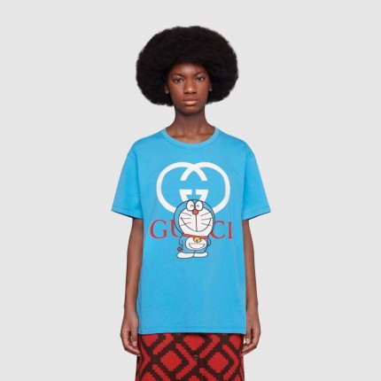 615044 Doraemon x Gucci cotton T-shirt blue