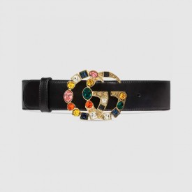 Gucci Leather belt with crystal Double G buckle 513183 black