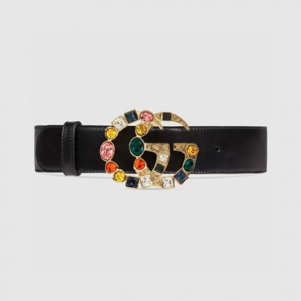 Gucci Leather belt with crystal Double G buckle 513183 black