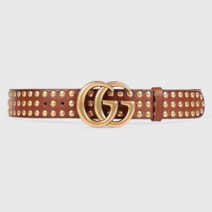 Gucci Brown Leather belt with Double G buckle and Studs 409402