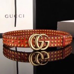 Gucci Brown Leather belt with Double G buckle and Studs 409402