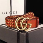 Gucci Brown Leather belt with Double G buckle and Studs 409402