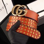 Gucci Brown Leather belt with Double G buckle and Studs 409402