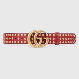 Gucci Red Leather belt with Double G buckle and Studs 409402