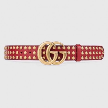 Gucci Red Leather belt with Double G buckle and Studs 409402