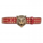 Gucci Red Leather studs belt with feline head 409420