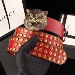 Gucci Red Leather studs belt with feline head 409420