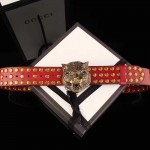 Gucci Red Leather studs belt with feline head 409420