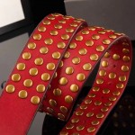 Gucci Red Leather studs belt with feline head 409420