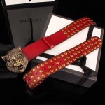 Gucci Red Leather studs belt with feline head 409420