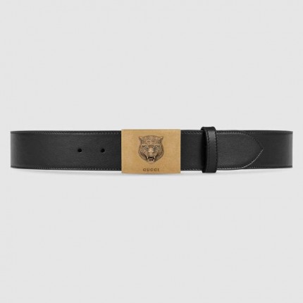 Gucci Leather belt with feline buckle black 429021