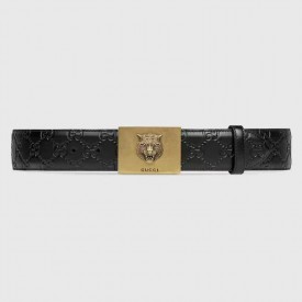 Gucci GG signature leather belt with feline buckle black  429021