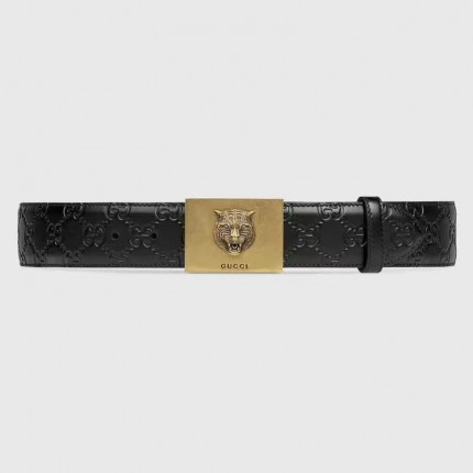 Gucci GG signature leather belt with feline buckle black  429021