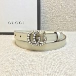 Gucci Leather belt with pearl Double G buckle 476342