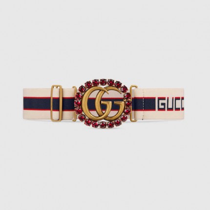 Gucci stripe belt with Double G and crystals 499636