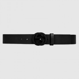 Gucci Leather belt with interlocking G Black Buckle 368186