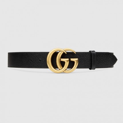 Gucci Leather belt with Double G buckle black gold 406831