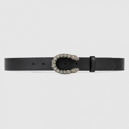 Gucci Leather belt with crystal Dionysus buckle black 432142