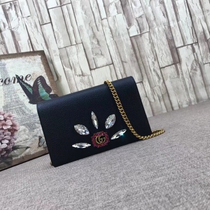 Gucci Leather mini chain bag with Double G and crystals black 499782