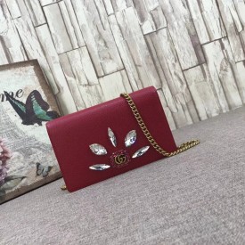 Gucci Leather mini chain bag with Double G and crystals red 499782