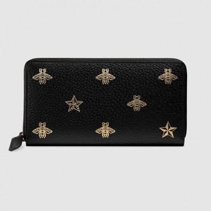 Gucci Bee Star leather zip around wallet black 495062