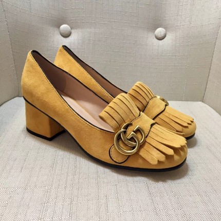 gucci suede mid heel pump in yellow 408208