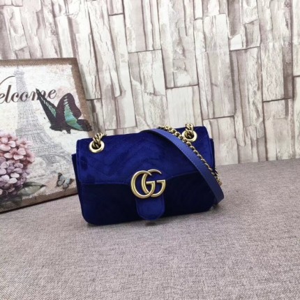 Gucci GG Marmont matelassé shoulder bag mini velvet dark blue 446744