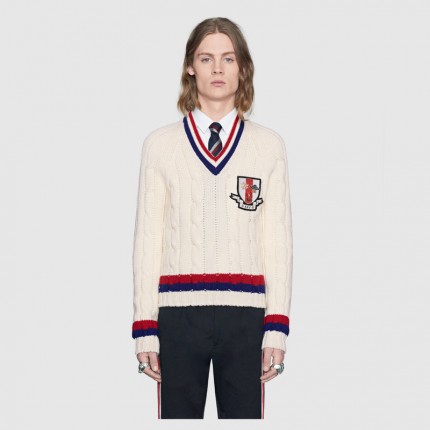 Gucci Wool cable-knitted sweater with crest 474110 X9A04